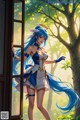 A woman with long blue hair standing in front of a window.