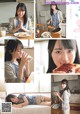 A collage of photos of a woman eating pizza and drinking milk.