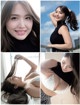 A collage of photos of a woman with long brown hair.