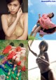 A collage of photos of a woman in lingerie and a woman laying on the ground.